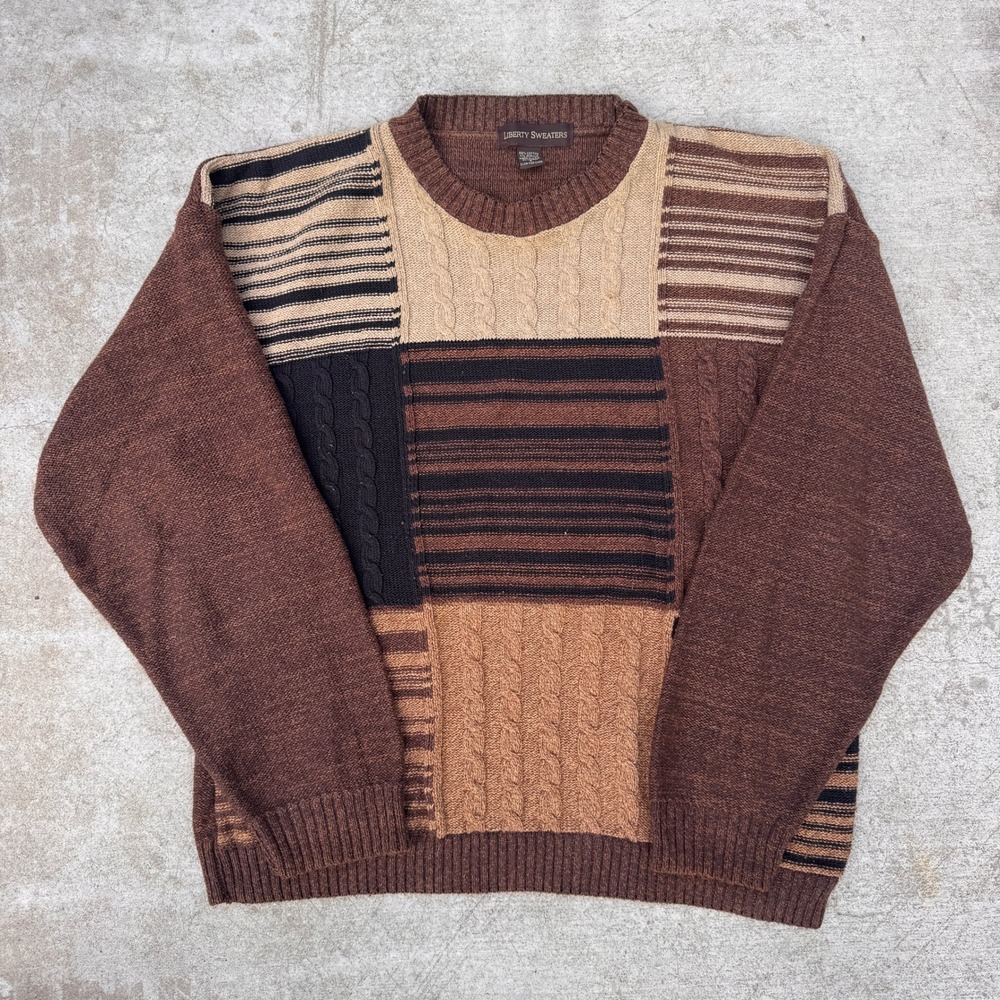 Liberty Sweaters Mens Large Brown Patchwork Cable Knit Striped Crewneck USA Made